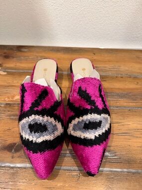 Women's Pink Patterned Pointed Slip-On Mules
